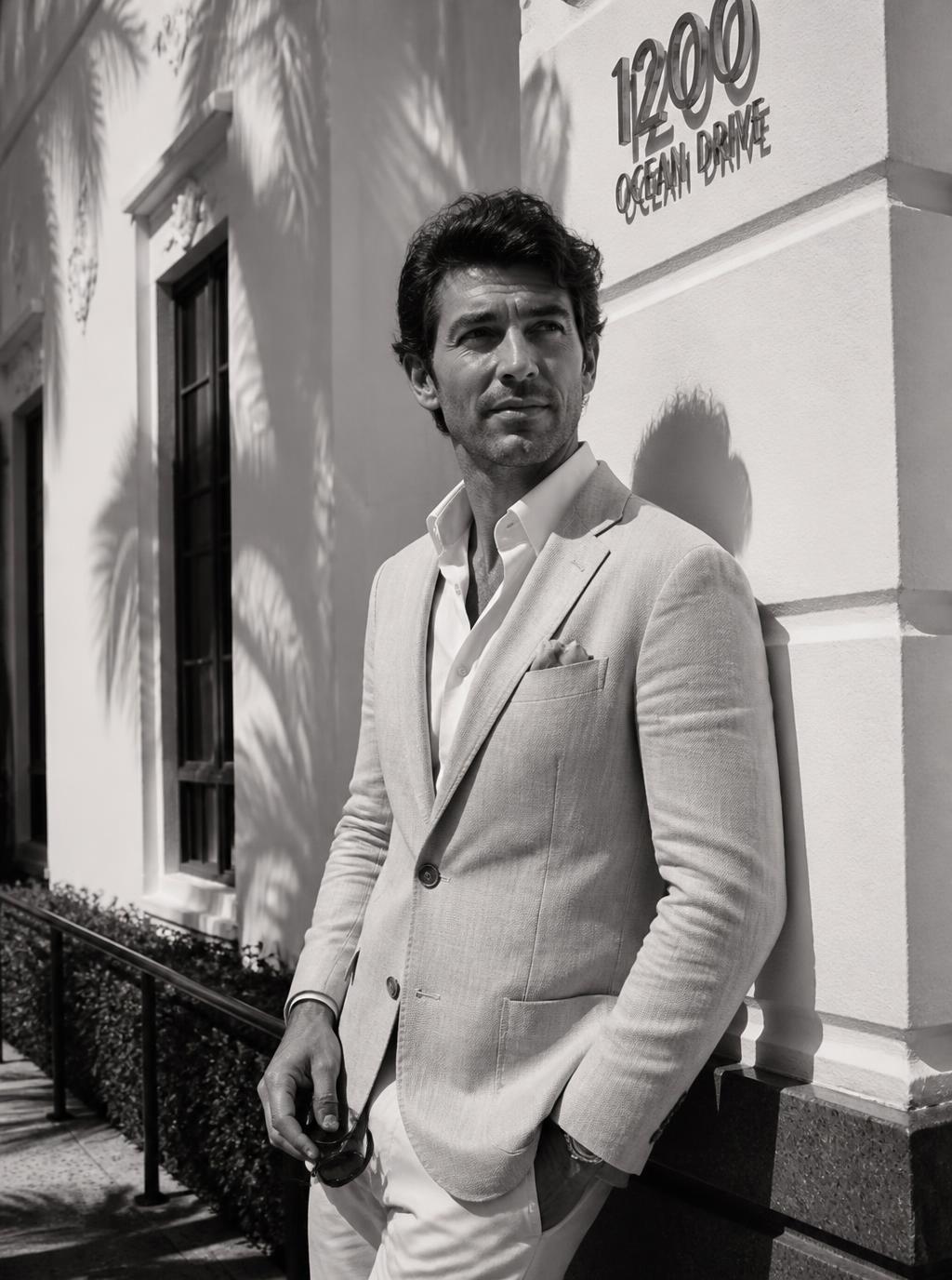 Ejecutivo con blazer de lino apoyado en una fachada art déco de Miami Beach