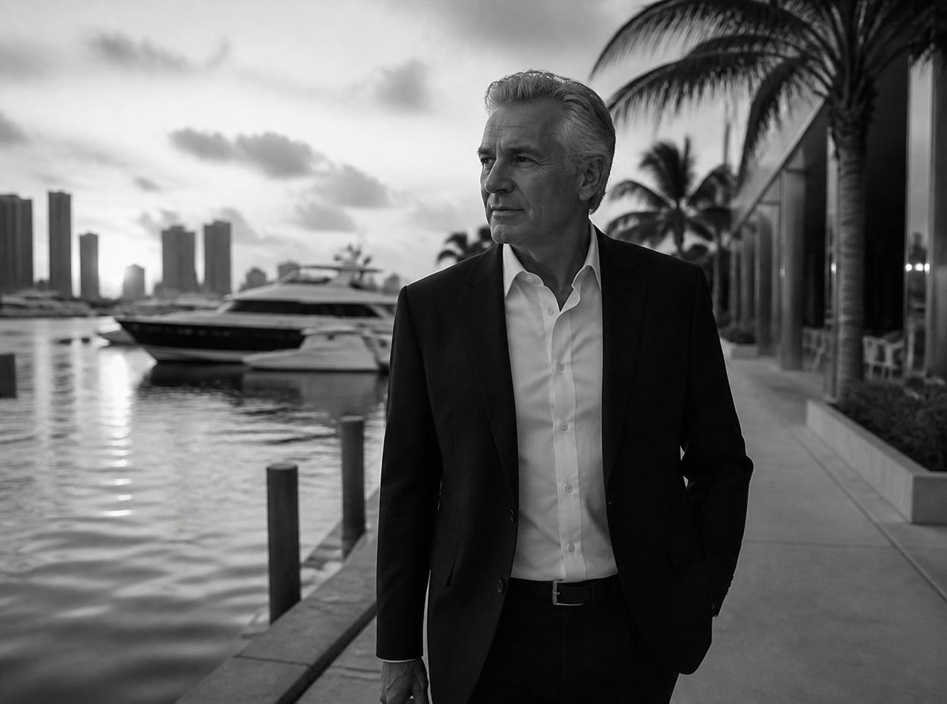 Empresario con cabello plateado caminando por el paseo marítimo de Miami al amanecer