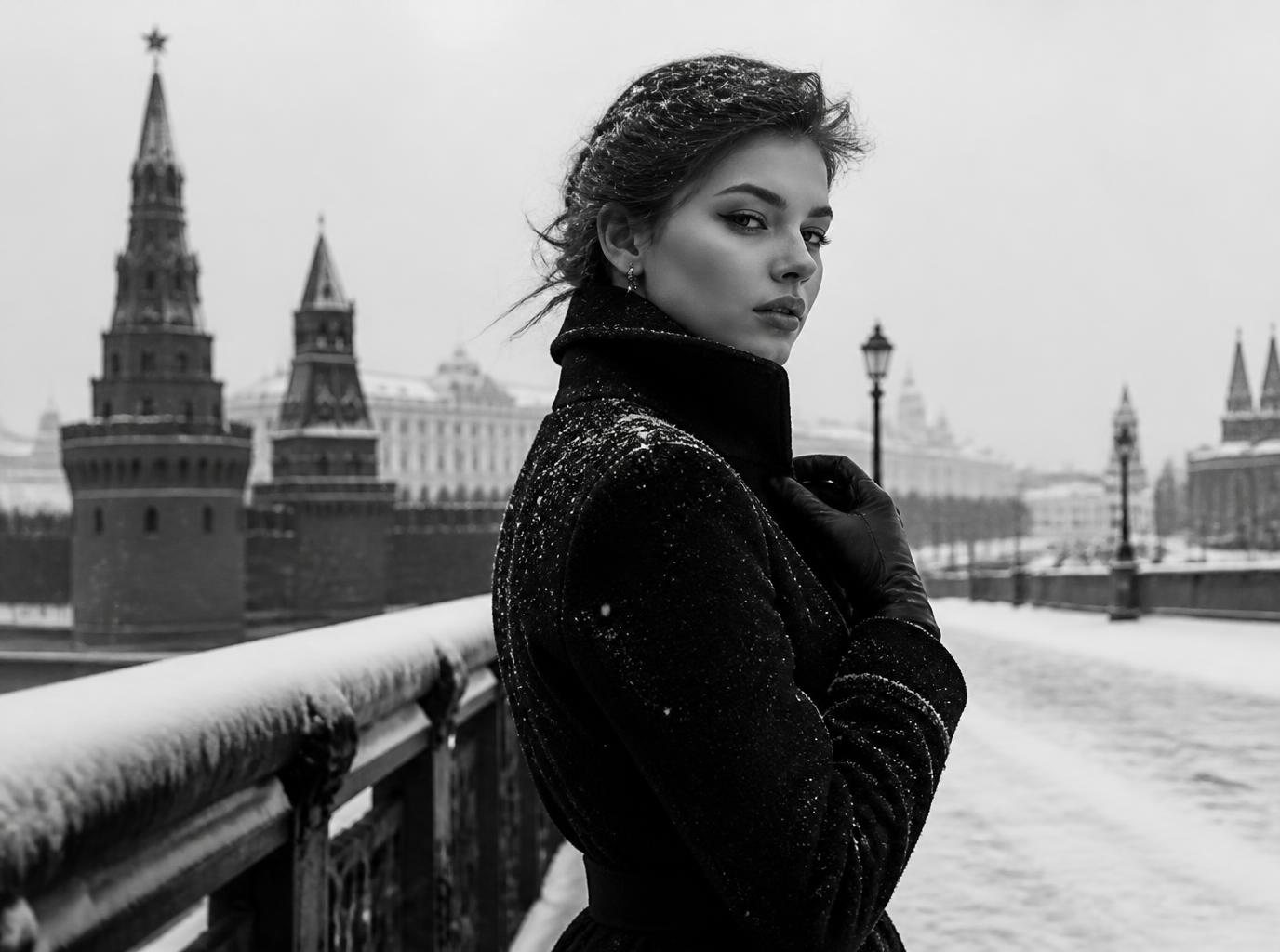 Mujer con abrigo de lana y guantes de piel junto al Kremlin nevado