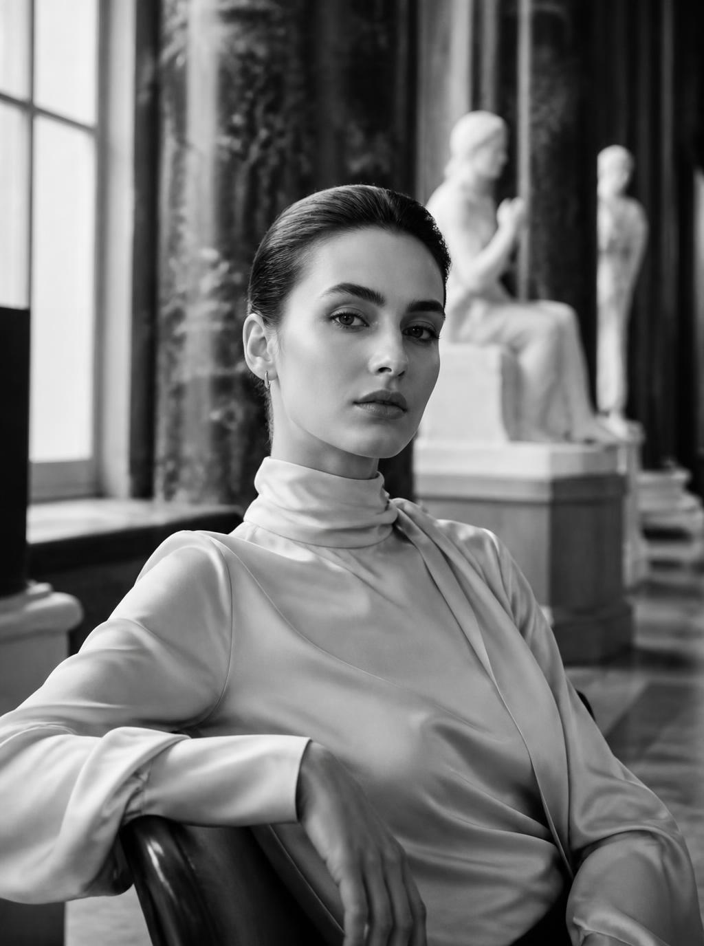 Retrato de una mujer con blusa de seda en una galería de esculturas clásicas
