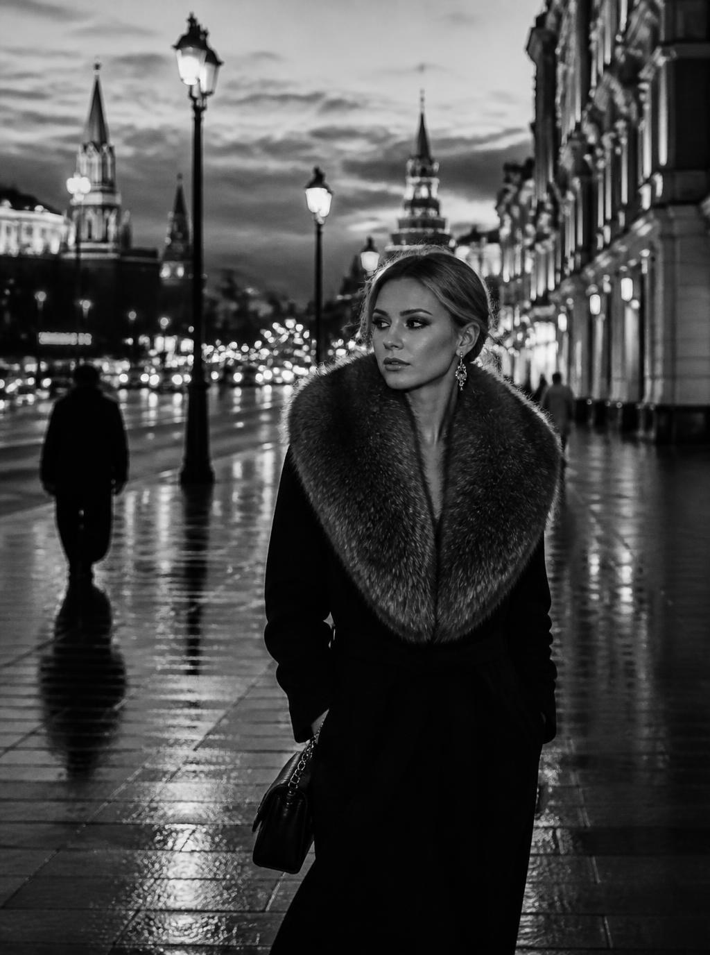 Mujer con abrigo de cuello de piel caminando por un bulevar moscovita al anochecer
